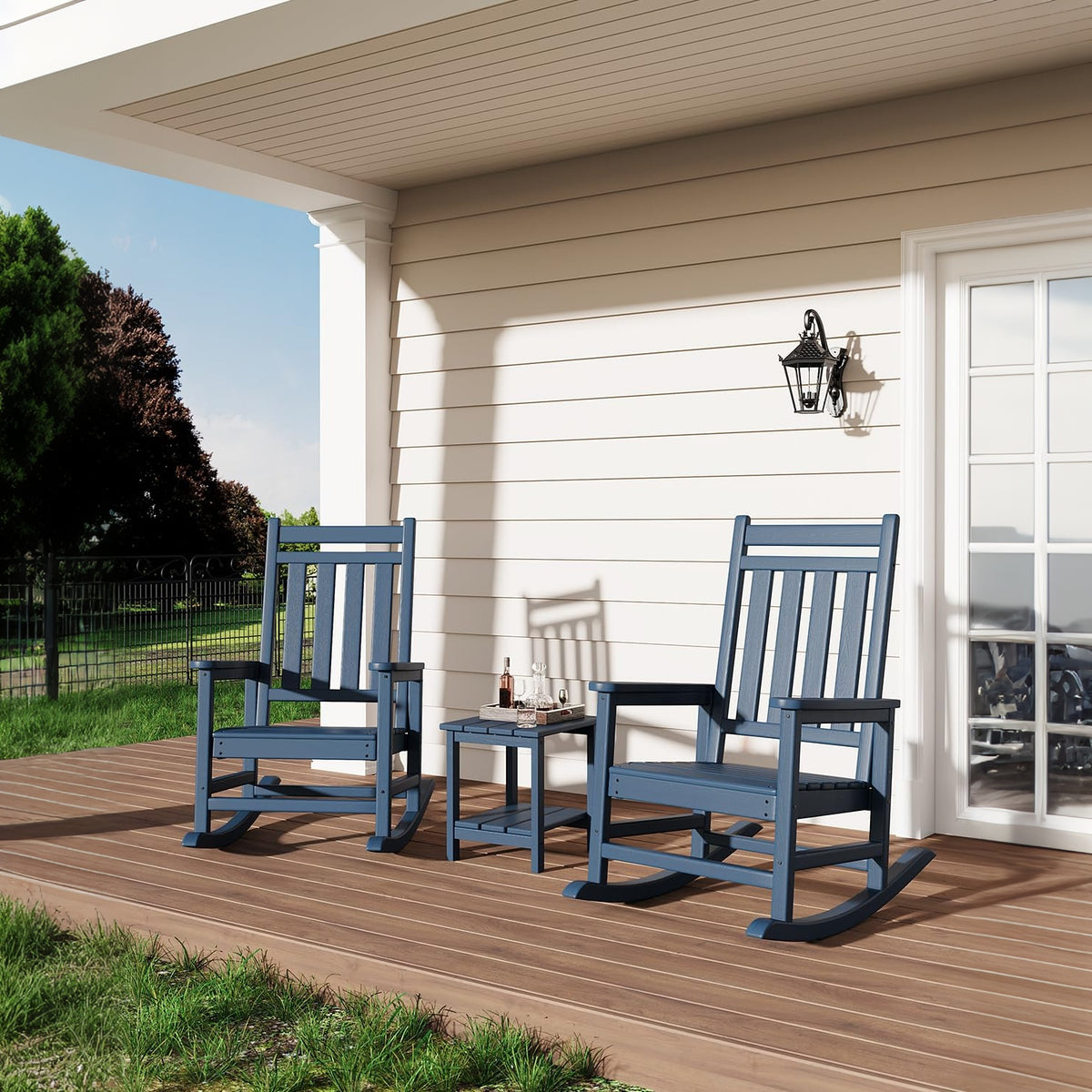 Garvee Silla Mecedora Exterior Poly Lumber - HDPE Resistente al Clima, Respaldo Alto, Soporta 172kg, Azul Marino para Patio