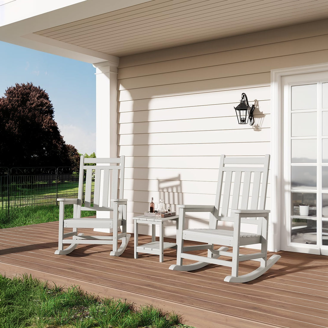 Garvee Silla Mecedora Adirondack de HDPE, Sillón de Jardín Resistente a la Intemperie con Respaldo Alto y Textura de Madera, Capacidad 172 kg Blanco