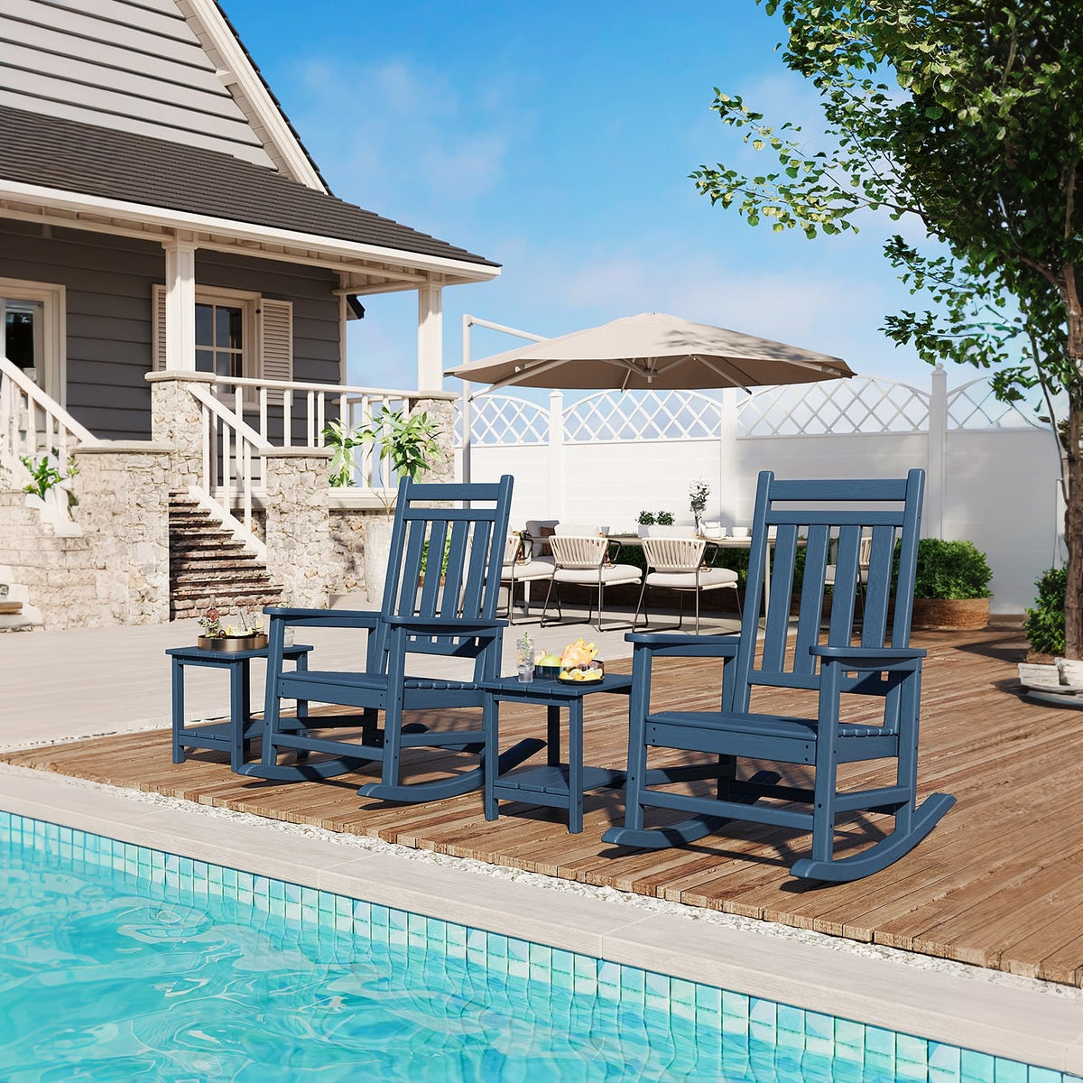Garvee Silla Mecedora Exterior Poly Lumber - HDPE Resistente al Clima, Respaldo Alto, Soporta 172kg, Azul Marino para Patio