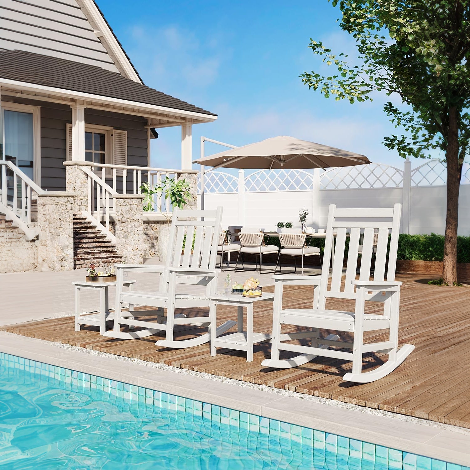 Garvee Silla Mecedora Adirondack de HDPE, Sillón de Jardín Resistente a la Intemperie con Respaldo Alto y Textura de Madera, Capacidad 172 kg Blanco