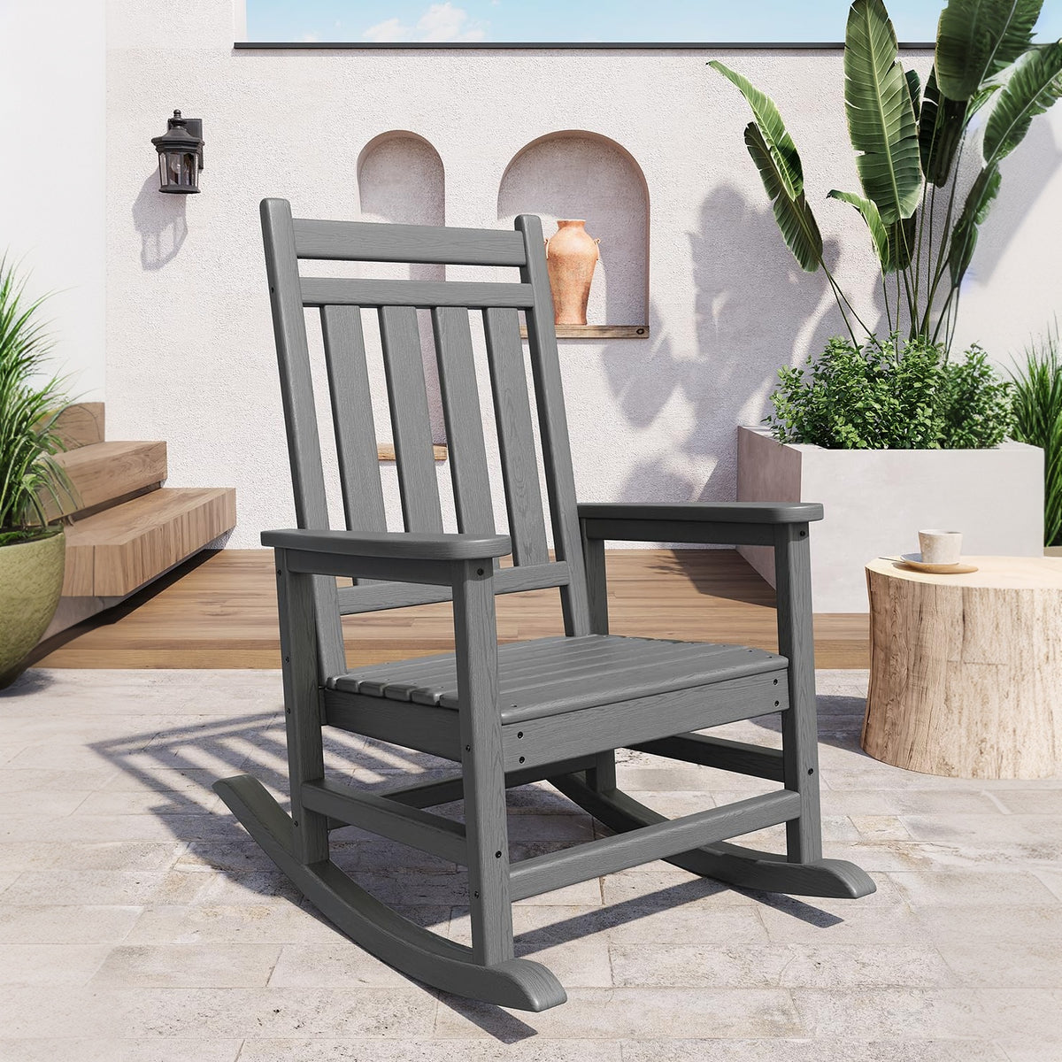 Garvee Silla Mecedora Poly Lumber para Exterior - HDPE Resistente a Todo Clima - Respaldo Alto y Base Estable - Gris - Ideal para Patio y Porche