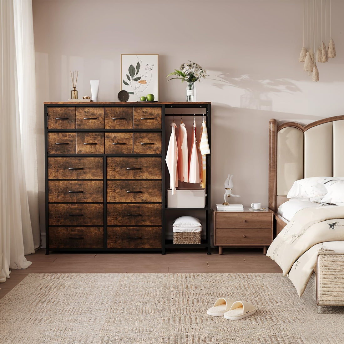 Garvee Cómoda Vertical con 16 Cajones de Tela, Barra Colgante y Estantes Abiertos, Estructura Metálica Robusta, Montaje Reversible para Dormitorio y Vestidor, Atigrado