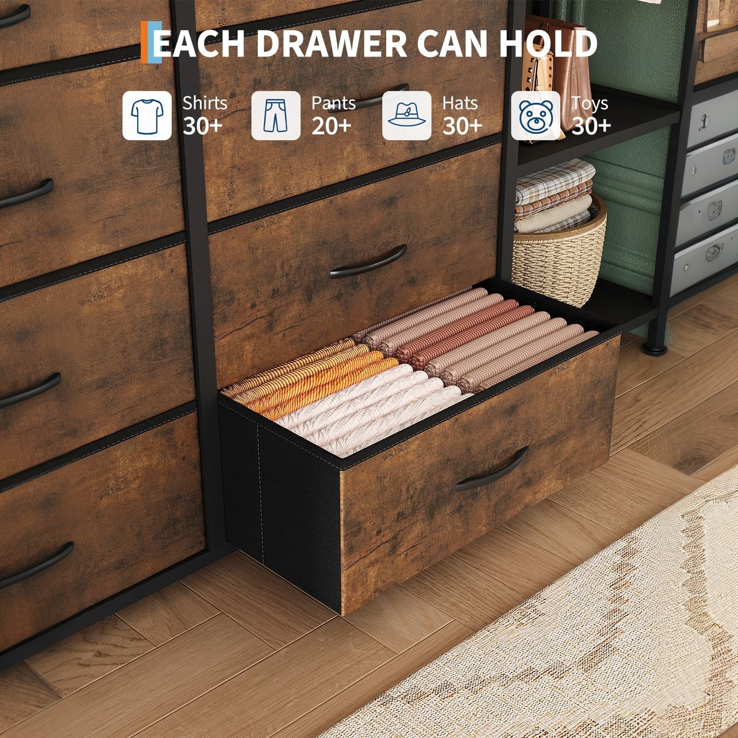 Garvee Cómoda Vertical con 16 Cajones de Tela, Barra Colgante y Estantes Abiertos, Estructura Metálica Robusta, Montaje Reversible para Dormitorio y Vestidor, Atigrado