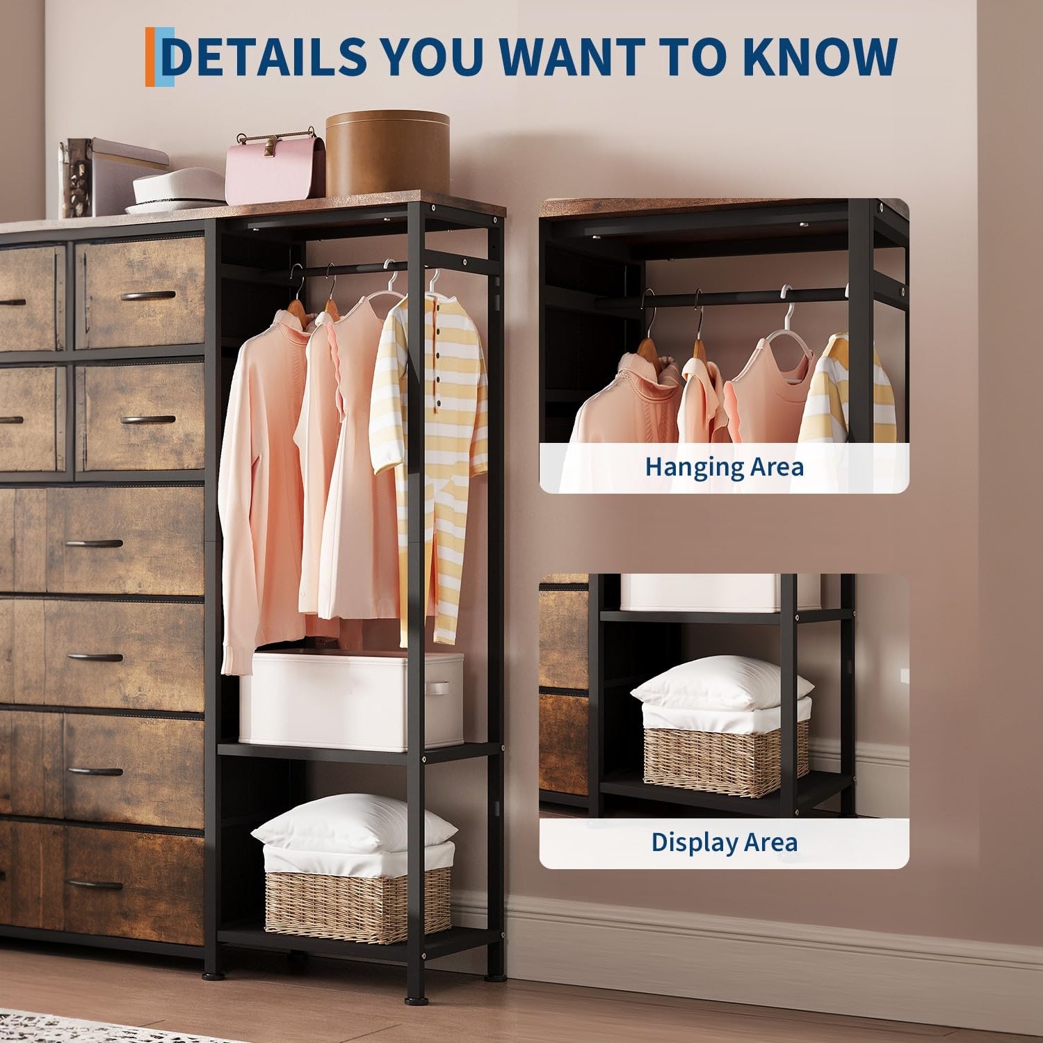Garvee Cómoda Vertical con 16 Cajones de Tela, Barra Colgante y Estantes Abiertos, Estructura Metálica Robusta, Montaje Reversible para Dormitorio y Vestidor, Atigrado