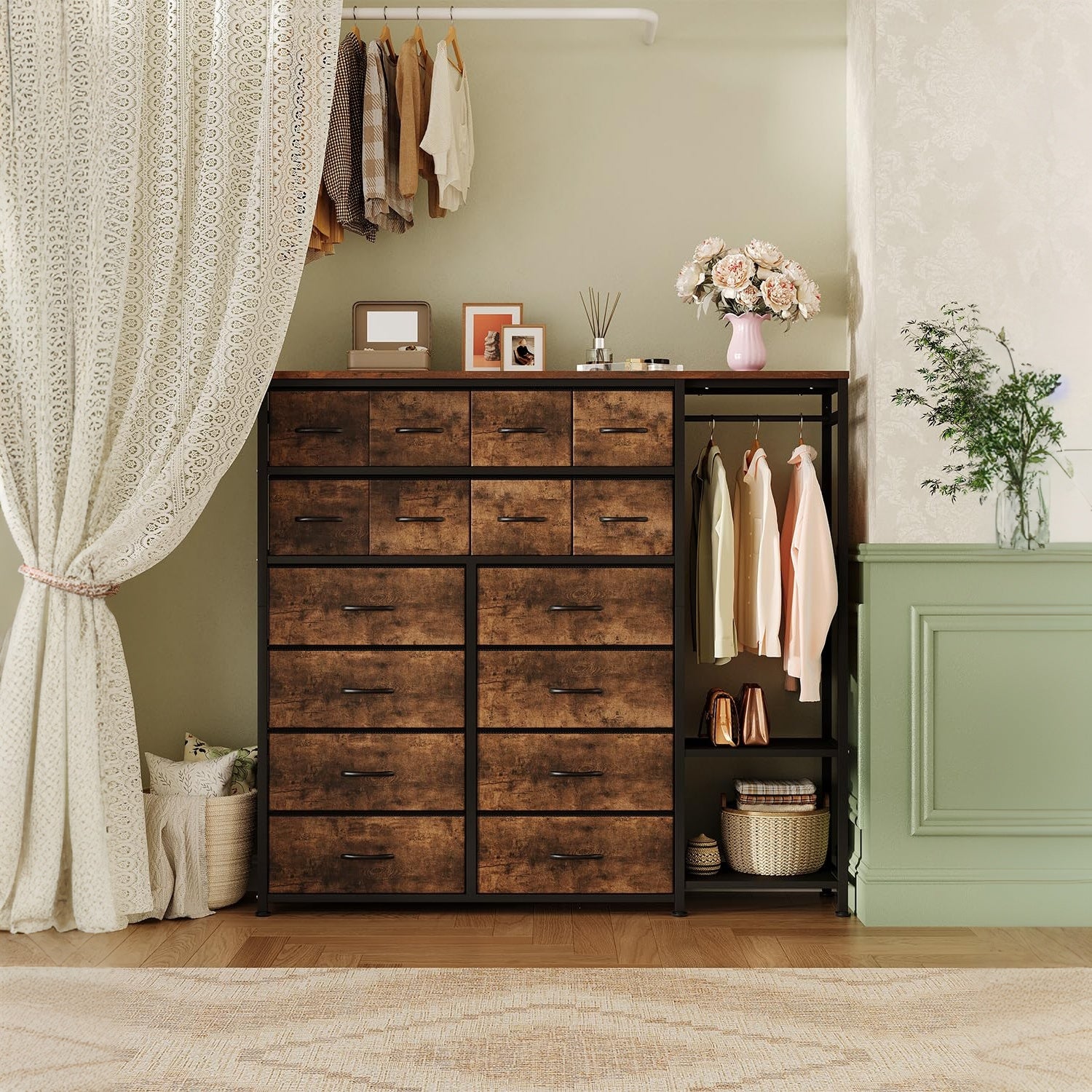Garvee Cómoda Vertical con 16 Cajones de Tela, Barra Colgante y Estantes Abiertos, Estructura Metálica Robusta, Montaje Reversible para Dormitorio y Vestidor, Atigrado