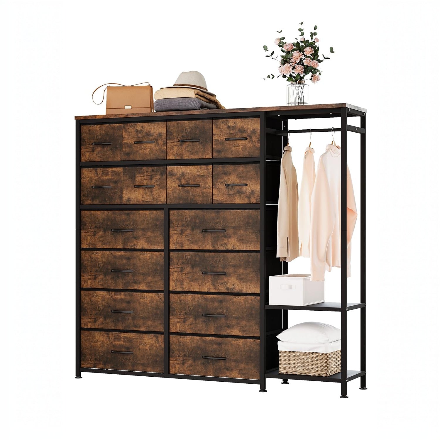 Garvee Cómoda Vertical con 16 Cajones de Tela, Barra Colgante y Estantes Abiertos, Estructura Metálica Robusta, Montaje Reversible para Dormitorio y Vestidor, Atigrado