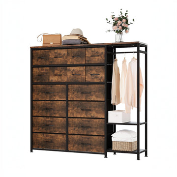 Garvee Cómoda Vertical con 16 Cajones de Tela, Barra Colgante y Estantes Abiertos, Estructura Metálica Robusta, Montaje Reversible para Dormitorio y Vestidor, Atigrado