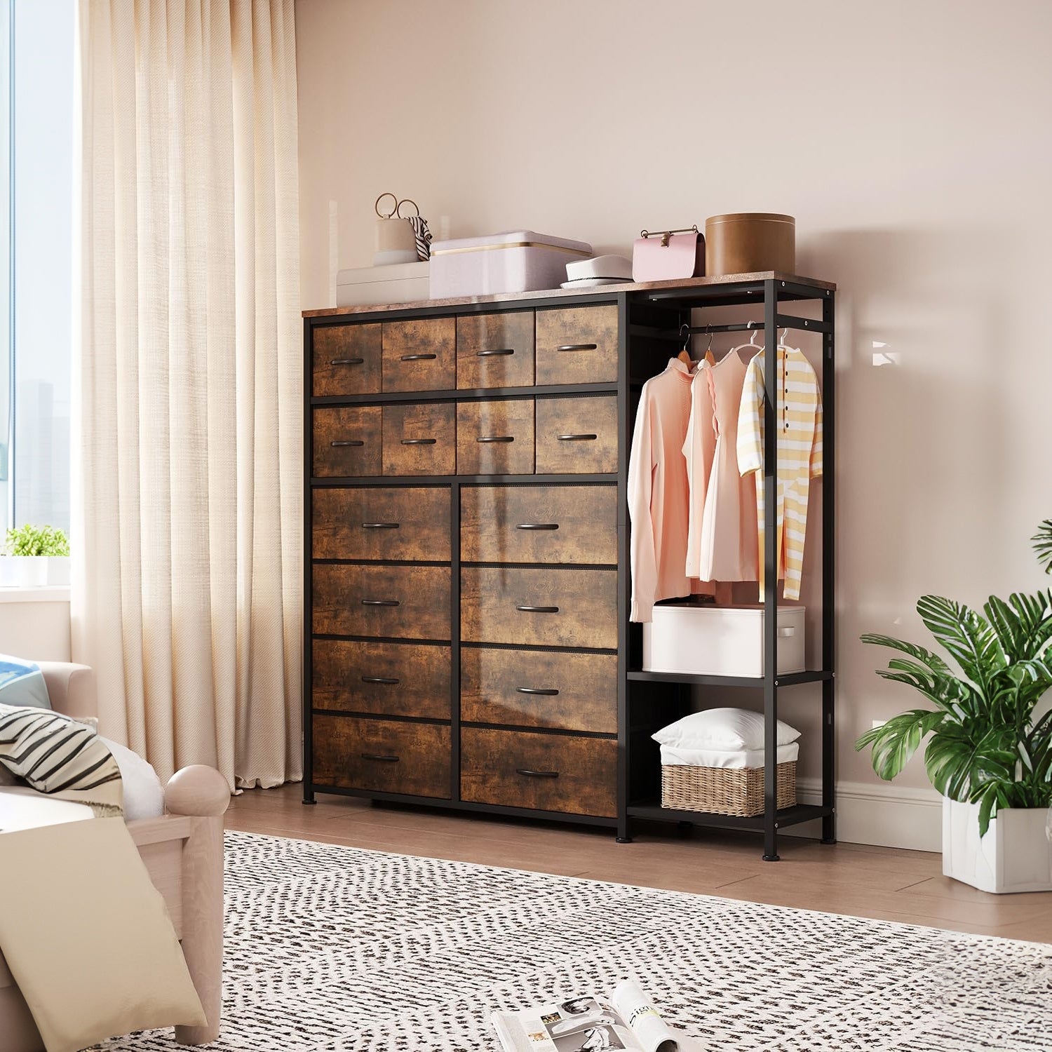 Garvee Cómoda Vertical con 16 Cajones de Tela, Barra Colgante y Estantes Abiertos, Estructura Metálica Robusta, Montaje Reversible para Dormitorio y Vestidor, Atigrado