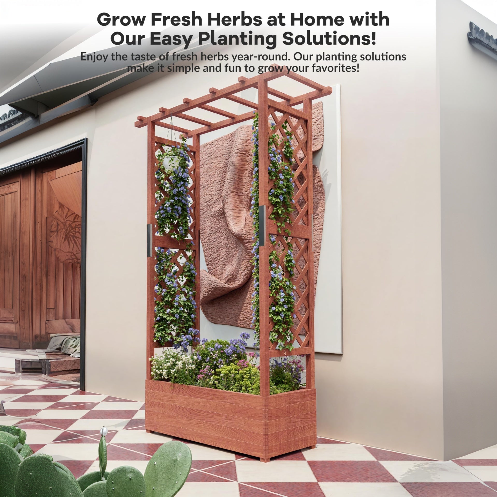 Garvee Cama de Jardín Elevada con Enrejado de Madera de 110x44x182 cm con Techo Colgante y Sistema de Drenaje para Plantas Trepadoras en Patio y Balcón Naranja Vintage