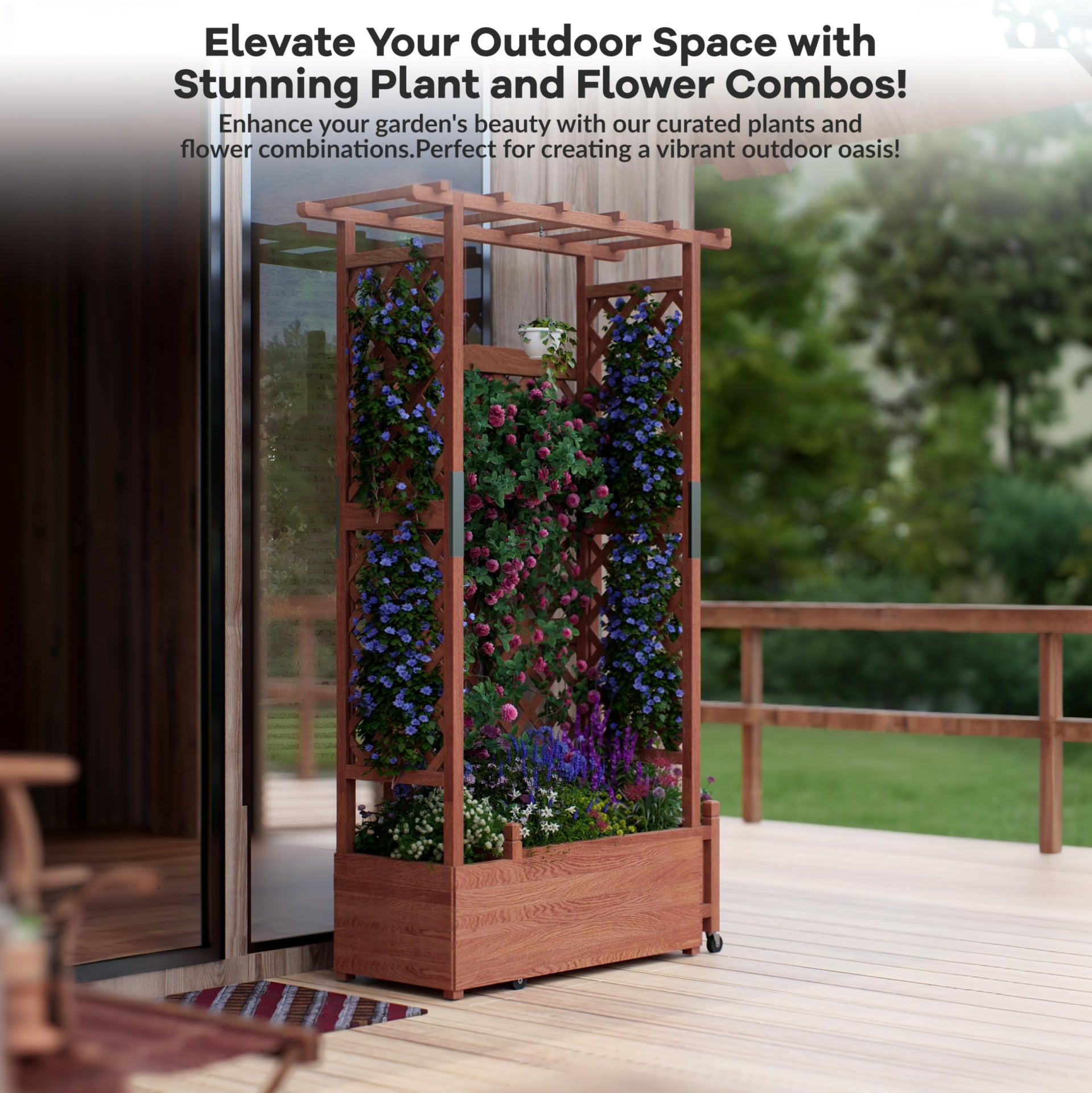 Garvee Cama de Jardín Elevada con Enrejado de Madera de 110x44x182 cm con Techo Colgante y Sistema de Drenaje para Plantas Trepadoras en Patio y Balcón Naranja Vintage