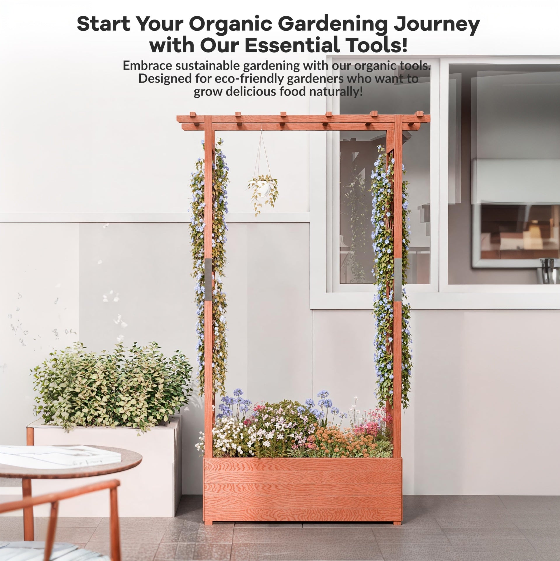 Garvee Cama de Jardín Elevada con Enrejado de Madera de 110x44x182 cm con Techo Colgante y Sistema de Drenaje para Plantas Trepadoras en Patio y Balcón Naranja Vintage