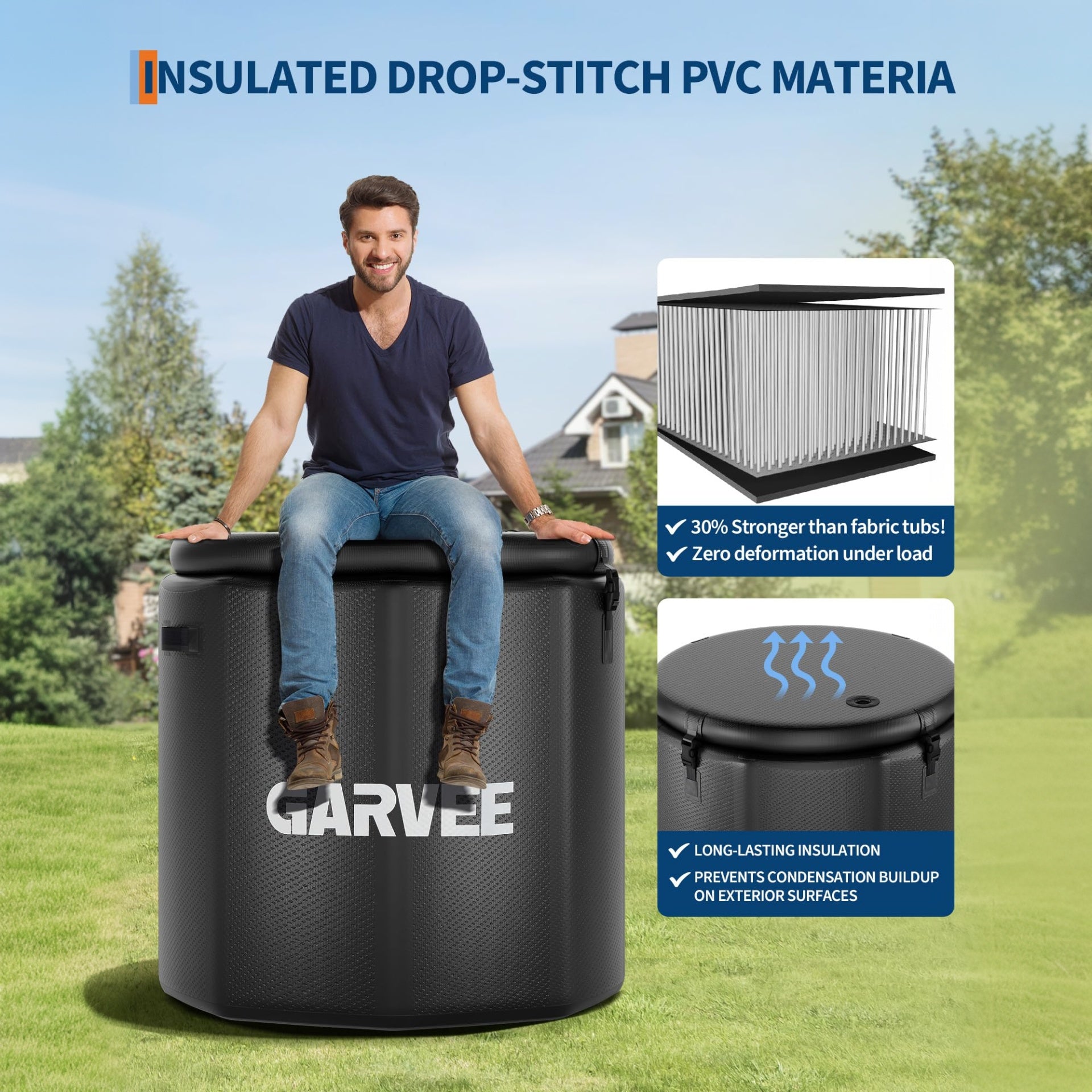 Garvee Bañera de Hielo Inflable para Atletas 704 Litros 100x90 cm Terapia de Inmersión en Frío con Tapa Aislante Negro