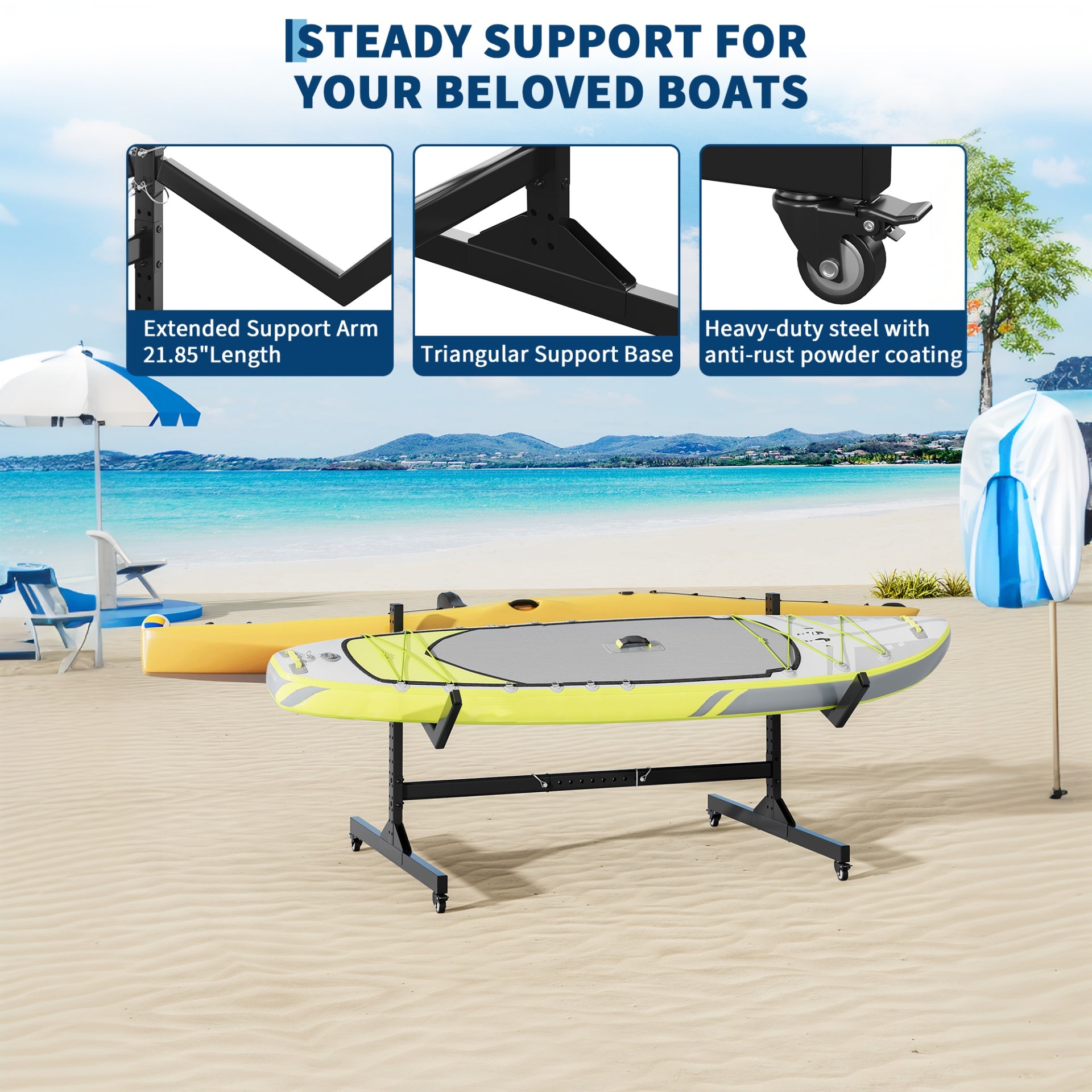 Garvee Soporte para Kayaks para 2 Unidades de Acero Laminado con Ruedas y Anchura Ajustable Almacenamiento Móvil 129-170 cm Negro