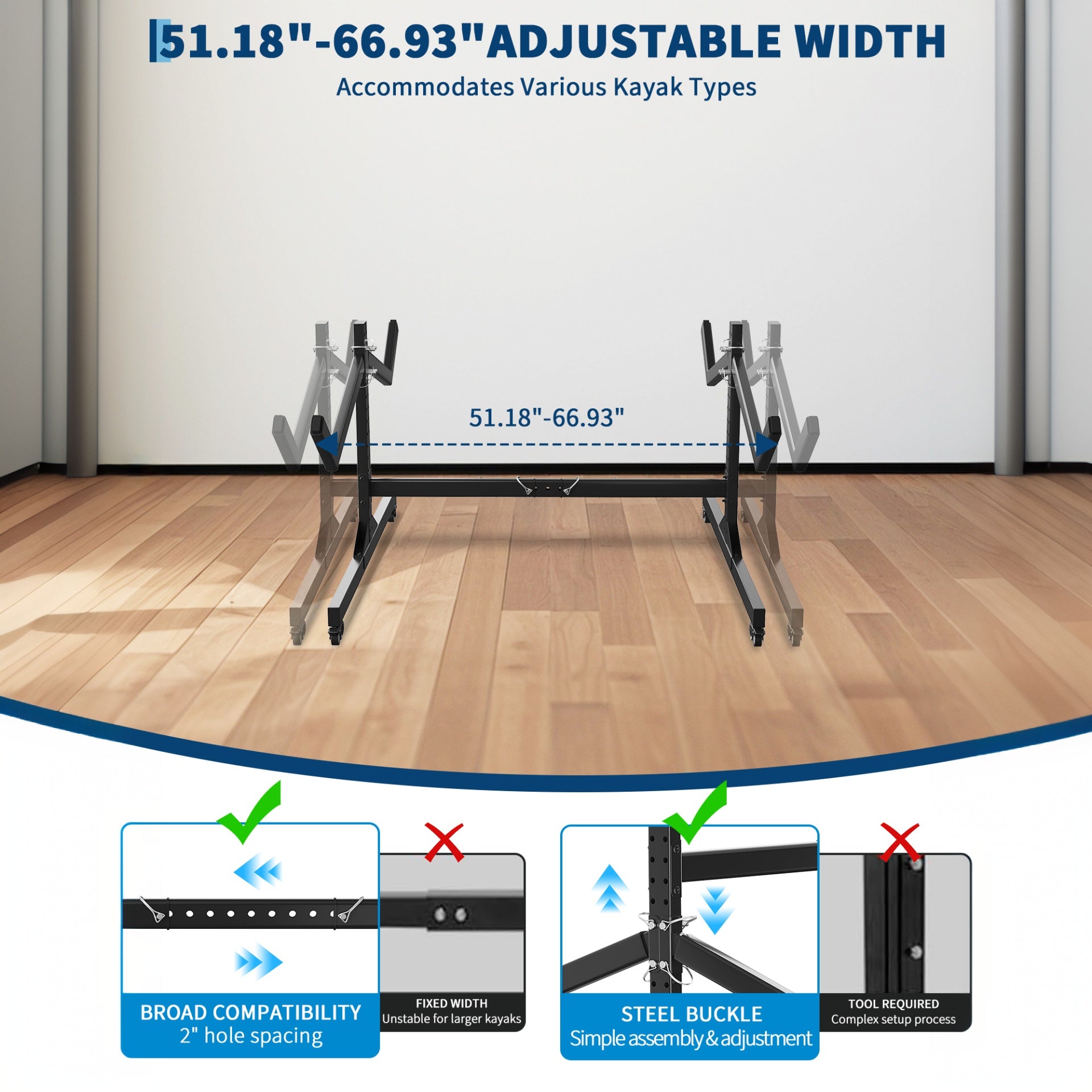 Garvee Soporte para Kayaks para 2 Unidades de Acero Laminado con Ruedas y Anchura Ajustable Almacenamiento Móvil 129-170 cm Negro