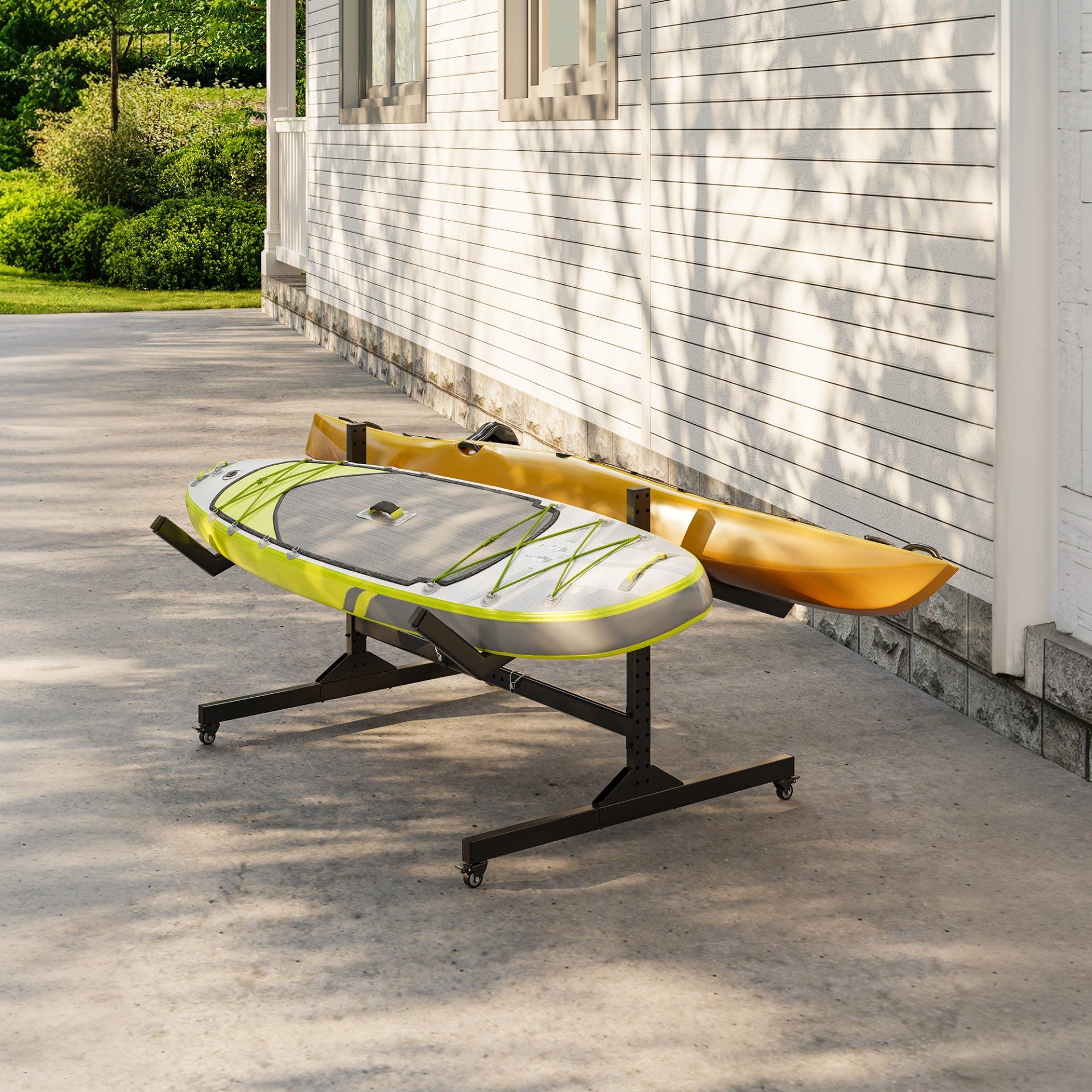 Garvee Soporte para Kayaks para 2 Unidades de Acero Laminado con Ruedas y Anchura Ajustable Almacenamiento Móvil 129-170 cm Negro