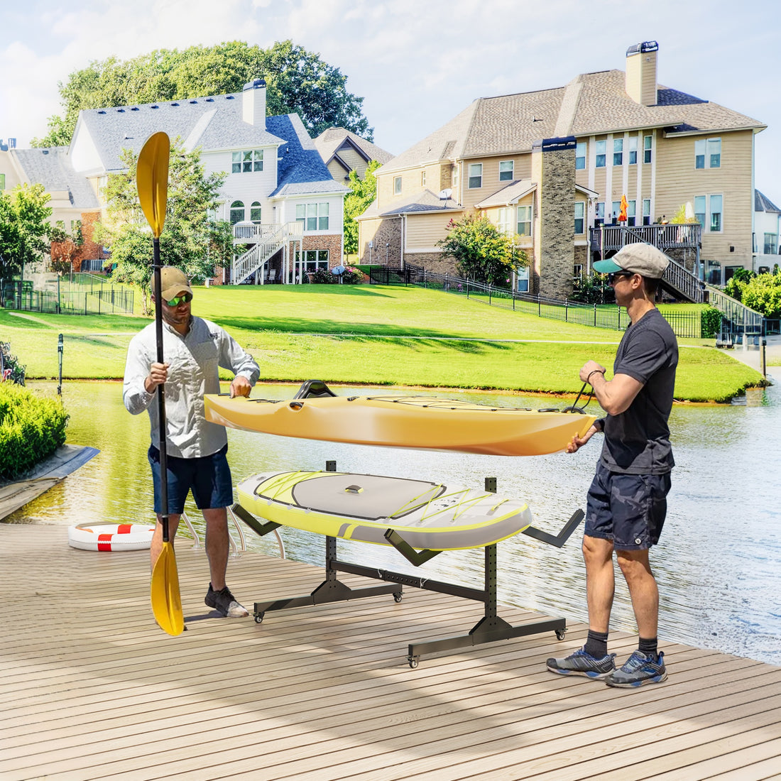 Garvee Soporte para Kayaks para 2 Unidades de Acero Laminado con Ruedas y Anchura Ajustable Almacenamiento Móvil 129-170 cm Negro