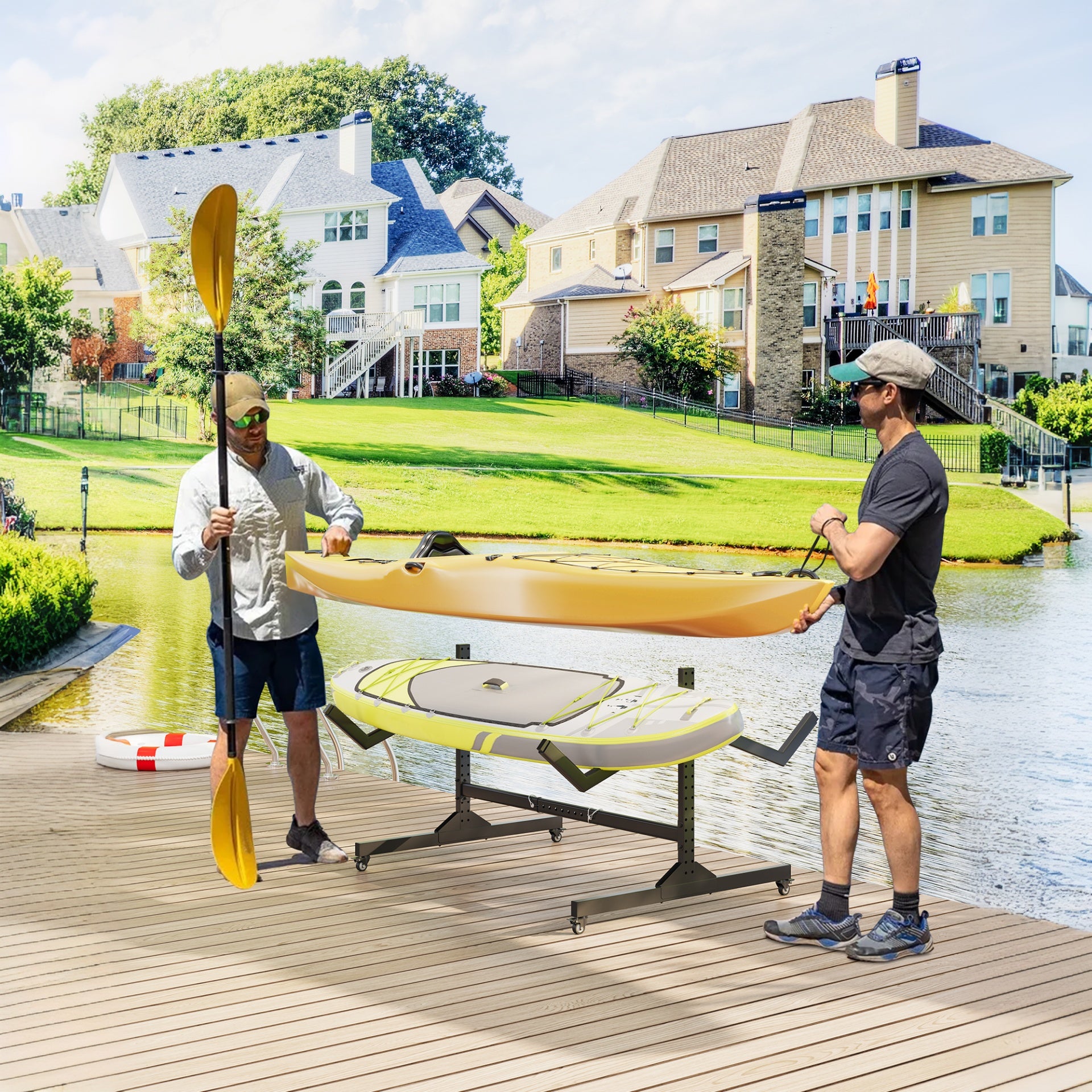 Garvee Soporte para Kayaks para 2 Unidades de Acero Laminado con Ruedas y Anchura Ajustable Almacenamiento Móvil 129-170 cm Negro