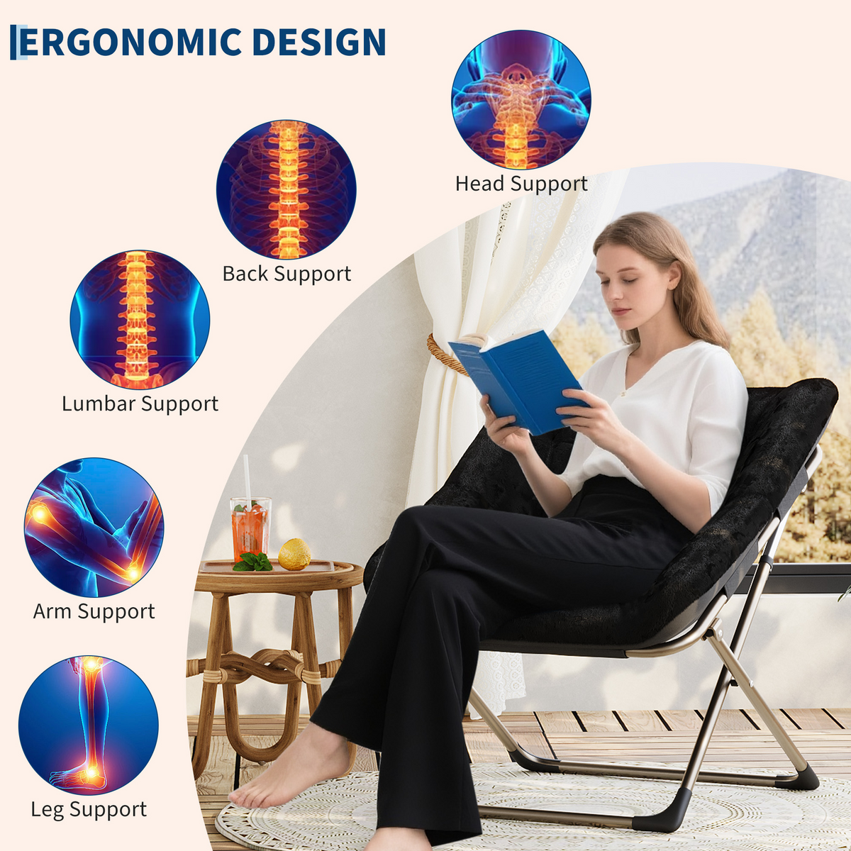 Garvee Silla Saucer de Piel de Conejo Plegable con Estructura Metálica para Dormitorio y Sala, Soporta 136 kg, Diseño Ergonómico, Color Beige