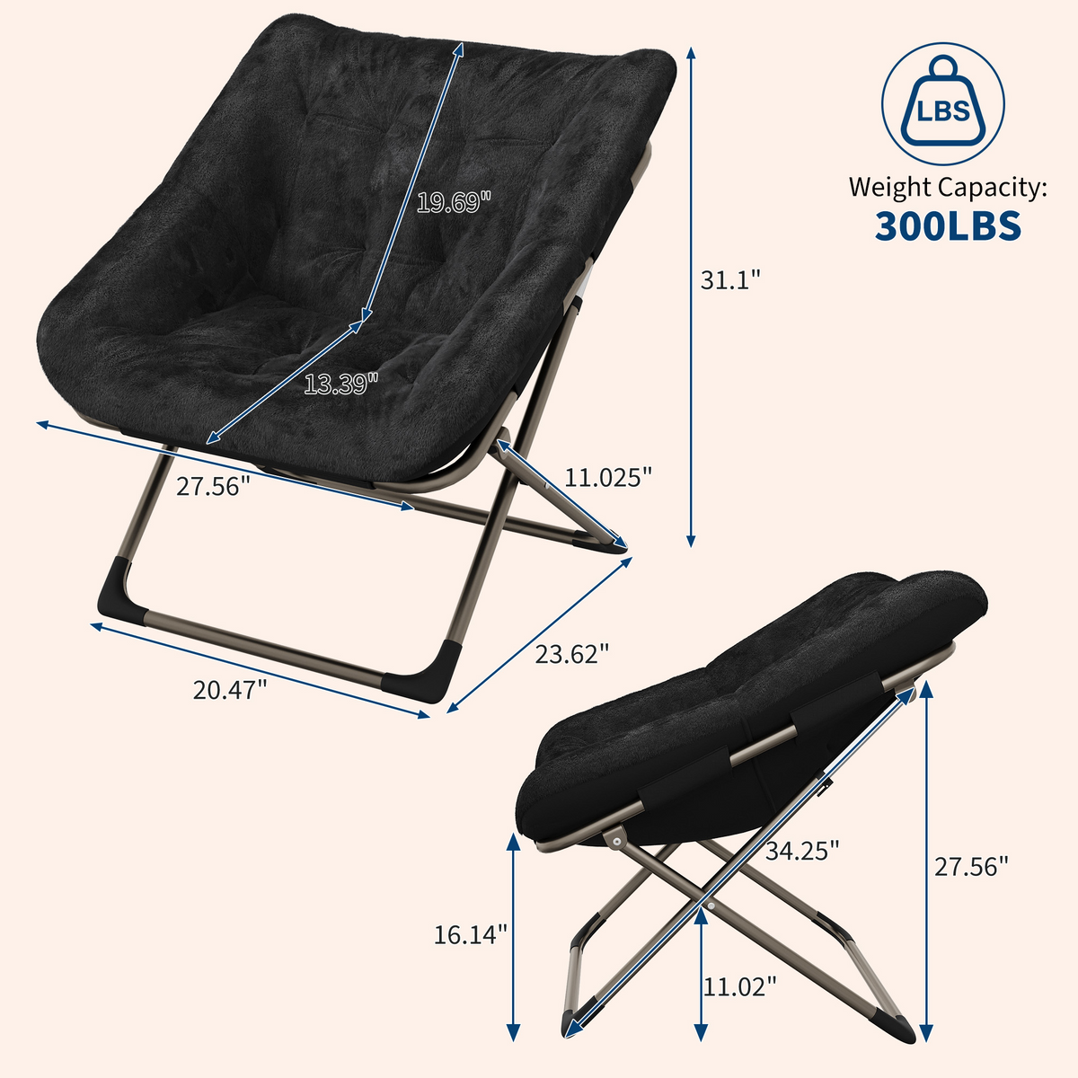 Garvee Silla Saucer de Piel de Conejo Plegable con Estructura Metálica para Dormitorio y Sala, Soporta 136 kg, Diseño Ergonómico, Color Beige