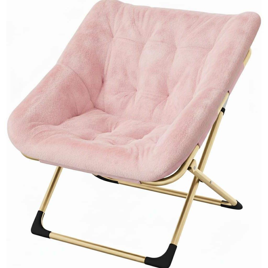 Garvee Silla Plegable Saucer para Adultos con Peluche Sintético y Marco Metálico, Capacidad 136 kg, Ideal para Dormitorios y Apartamentos, Rosa