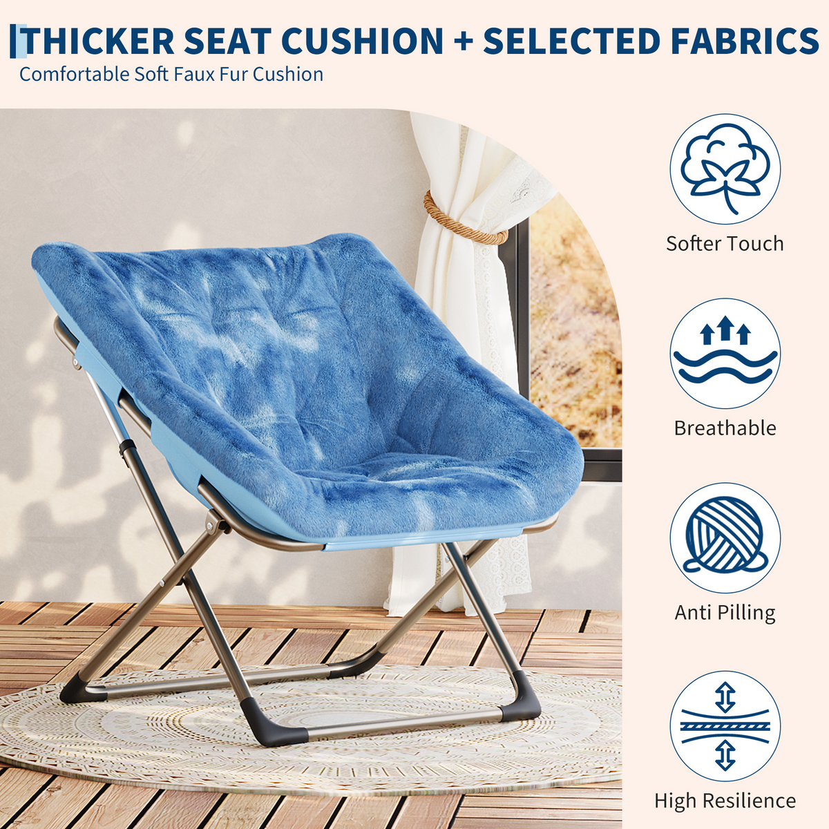 Garvee Silla Saucer de Piel de Conejo Plegable con Estructura Metálica Gris para Dormitorios y Salas Soporta 136 kg