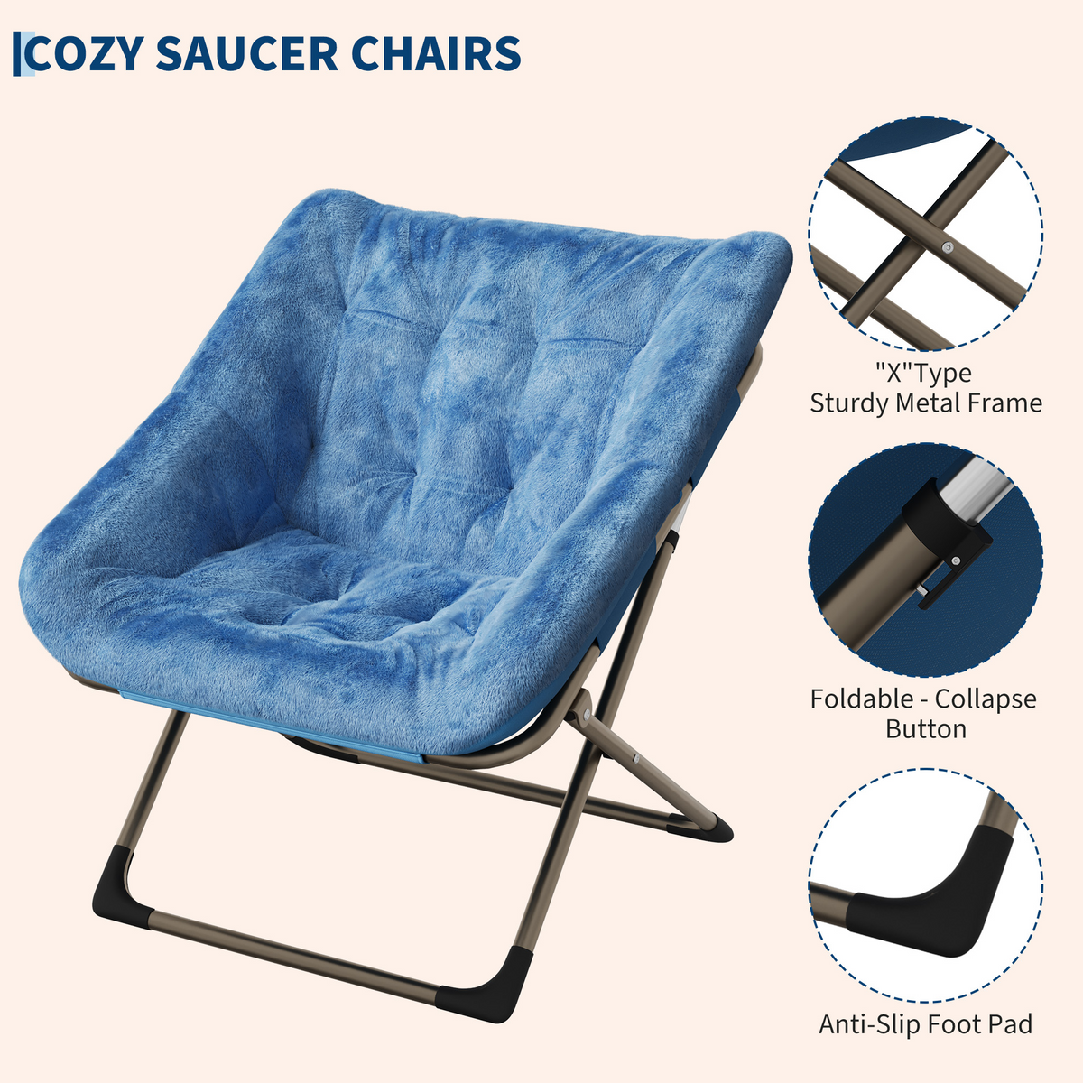 Garvee Silla Saucer de Piel de Conejo Plegable con Estructura Metálica Gris para Dormitorios y Salas Soporta 136 kg