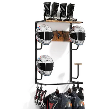 Garvee Soporte para Casco de Moto de Pared - Estante de Madera y Metal para Cascos, Chaquetas y Guantes - Organizador de Garaje Industrial con 4 Ganchos y Clips