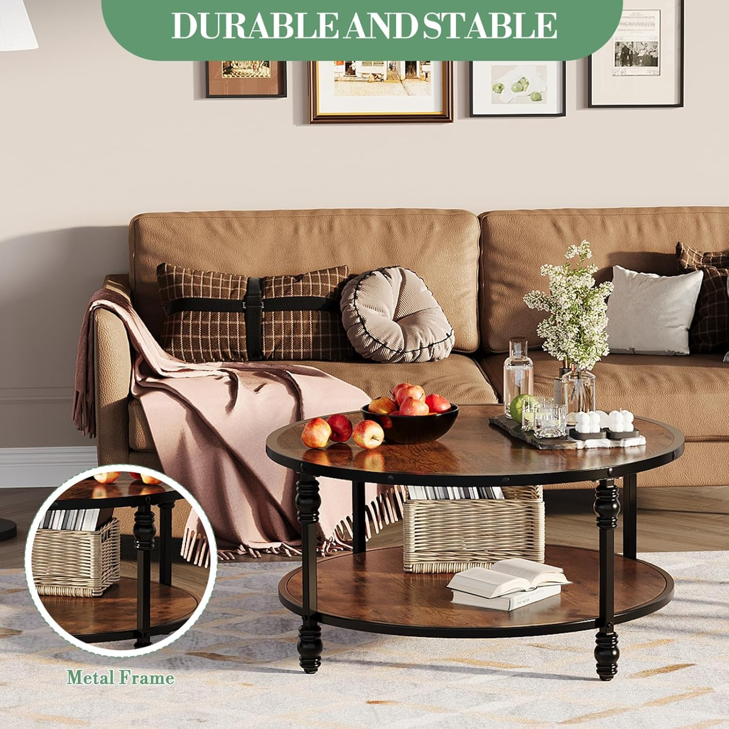 Garvee Mesa De Centro 2 Niveles MDF Con Columna Romana Hierro Nudo Calabaza Para Sala De Estar Dormitorio 87.6×45.7 cm Vintage
