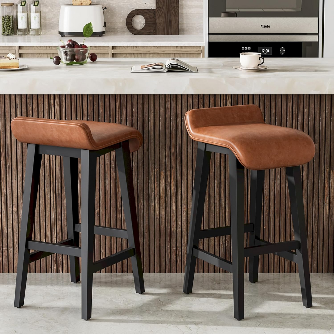 Garvee Set de 2 Taburetes de Bar 66.5cm, Modernos, Tapizados, Respaldo Bajo, Patas de Madera, para Cocina y Comedor