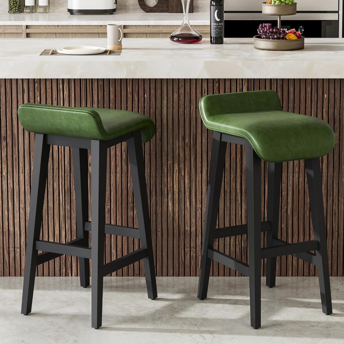 Garvee Set de 2 Taburetes de Bar 66.5cm, Respaldo Bajo, Tapizados en Verde, Patas de Madera, Estilo Mid Century