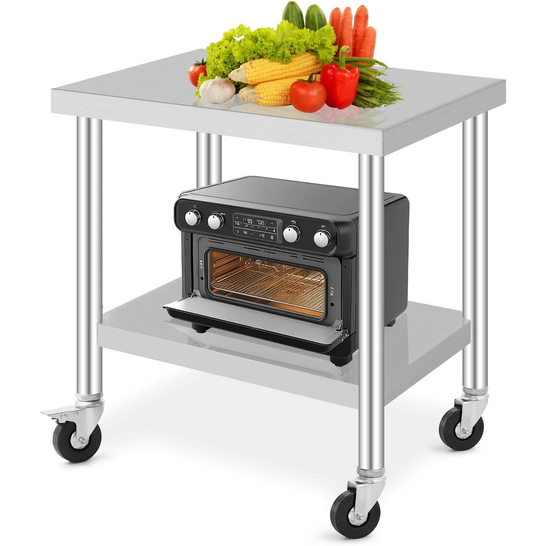 Garvee Mesa De Trabajo De Acero Inoxidable Gastro 90x60 Cm Móvil Ajustable Altura SUS201 Higiénico Ruedas Freno