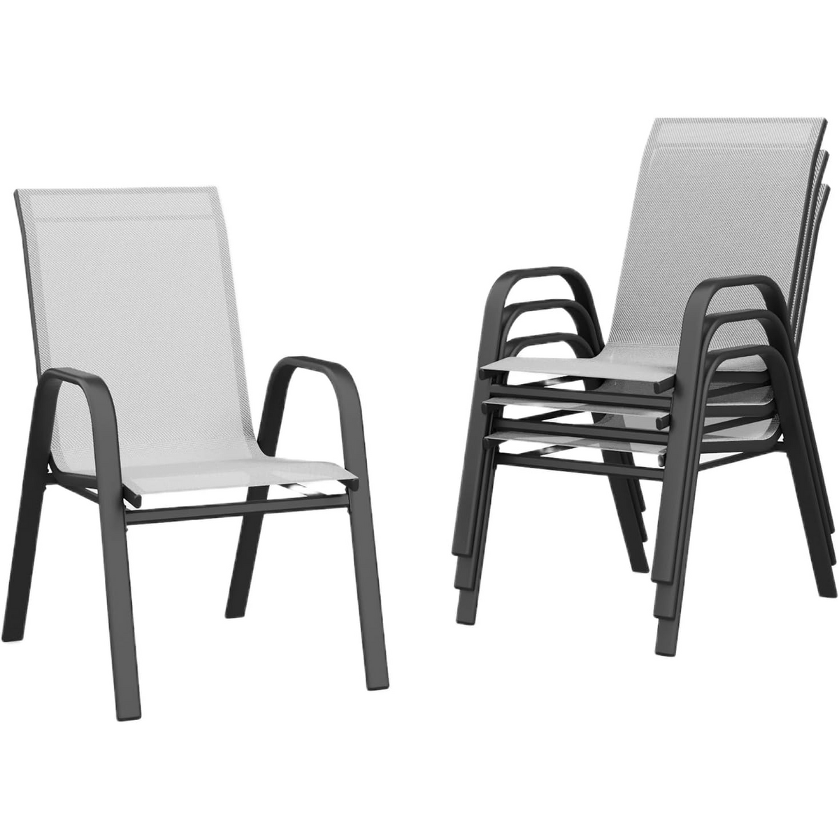 Garvee Set de 4 Sillas de Jardín Apilables de Textilene Transpirable y Estructura de Acero con Tornillos Mejorados, para Exterior, Terraza y Balcón, Gris y Negro