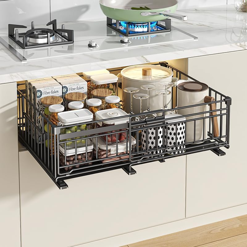 Garvee Estante Extraíble de Cocina de Ancho Ajustable 32,5 a 50 cm Organizador de Armario Deslizante de Metal Negro para Especias Platos y Despensa
