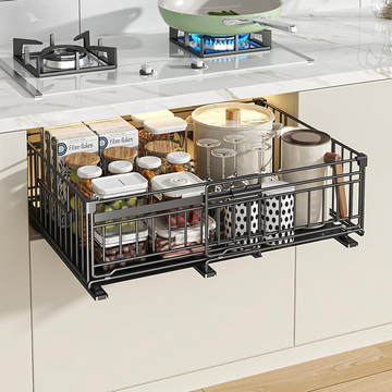 Garvee Estante Extraíble de Cocina de Ancho Ajustable 32,5 a 50 cm Organizador de Armario Deslizante de Metal Negro para Especias Platos y Despensa
