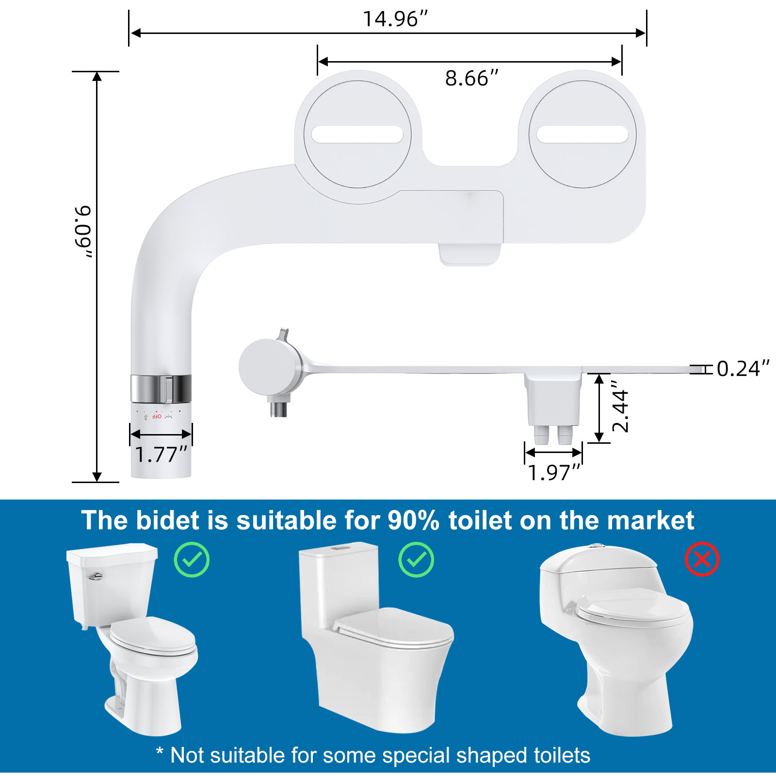 Garvee Bidé para Inodoro Ultrafino 5mm Accesorio de Doble Boquilla Autolimpiable con Presión de Agua Ajustable Blanco para Higiene Íntima y Alivio de Hemorroides
