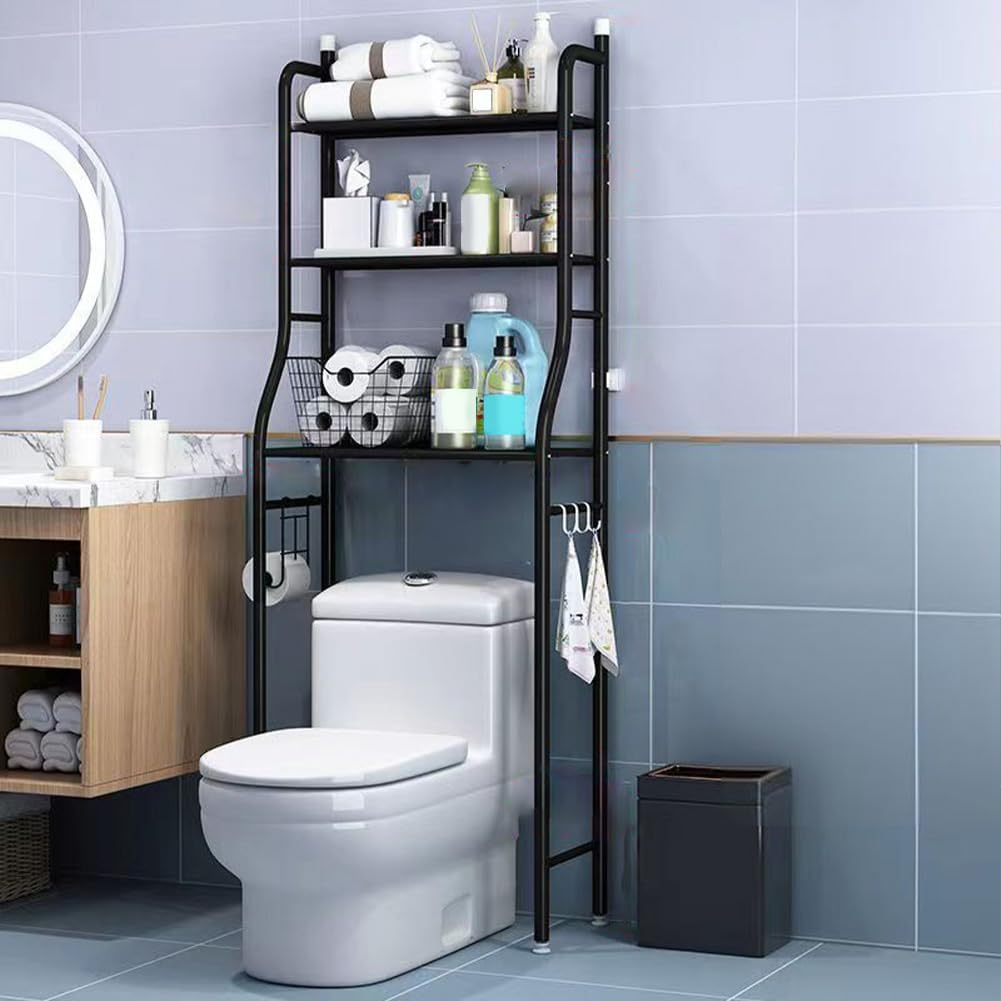 Garvee Estantería sobre Inodoro de 3 Niveles, Organizador de Baño de Metal con Ganchos y Portarrollos, Estante de Almacenamiento Vertical Sin Taladrar, Ahorro de Espacio (Negro)