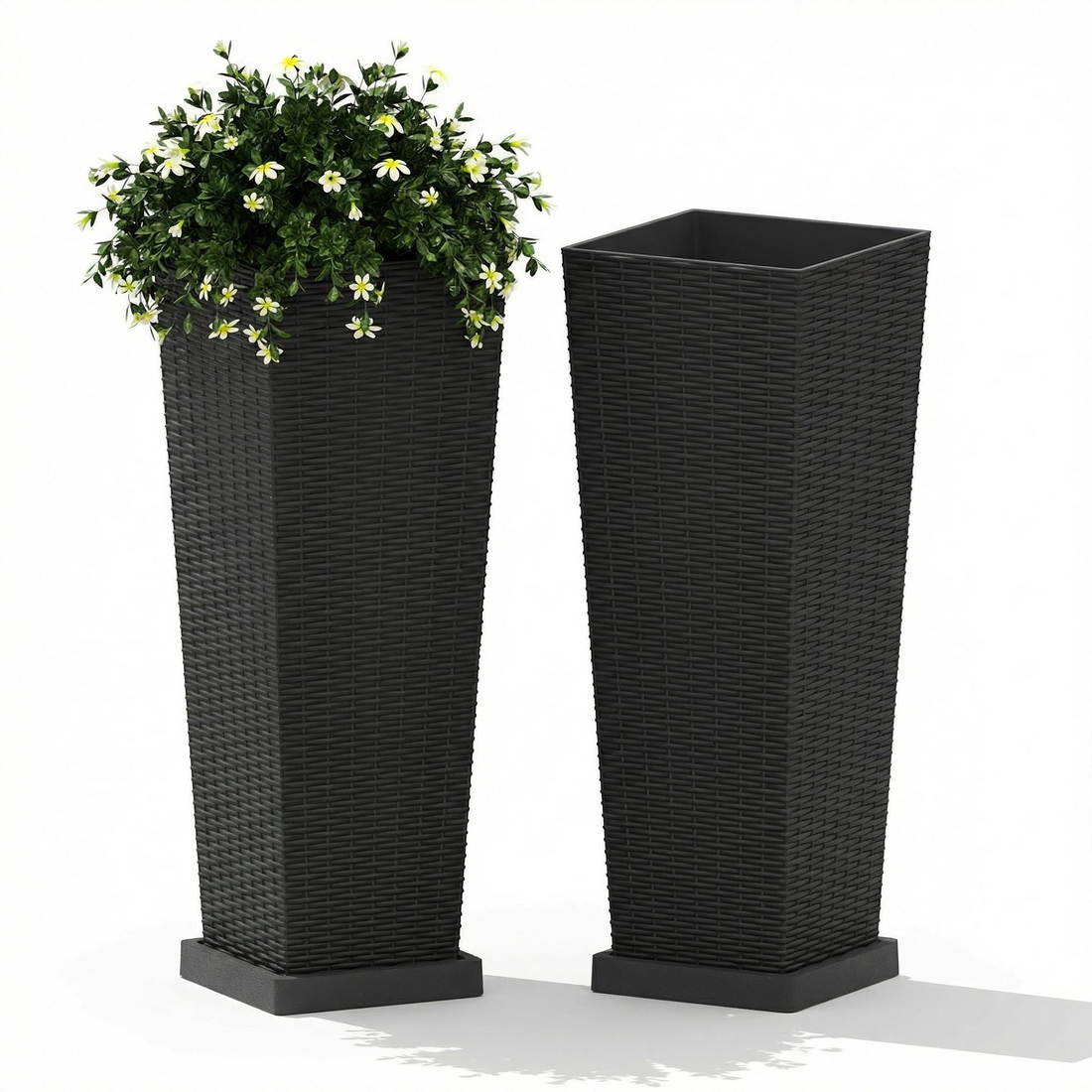 Garvee Pack 2 Maceteros Altos 81cm, Diseño Ratán con Cubeta Extraíble y Drenaje, Plástico Resistente UV para Exterior e Interior, Color Negro