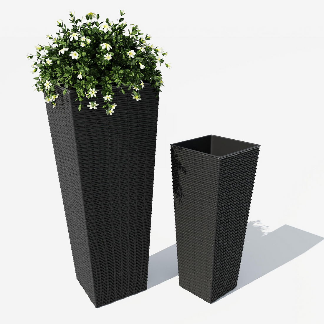 Garvee Macetas Altas de Exterior, Pack de 2 Maceteros Grandes con Efecto Ratán y Drenaje para Jardín, Terraza y Porche (81cm + 61cm)