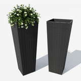Garvee Macetas Altas de Exterior Pack de 2, Maceteros Grandes de Resina con Efecto Ratán y Drenaje para Jardín, Terraza, Porche y Entrada - Negro