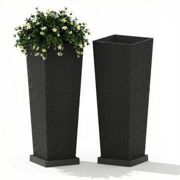 Garvee Macetas Altas de Exterior Pack de 2, Maceteros Grandes de Resina con Efecto Ratán y Drenaje para Jardín, Terraza y Porche - 61cm, Negro