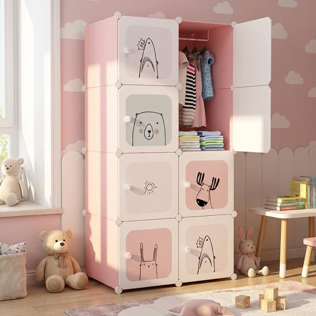 Garvee Armario Infantil Modular de 8 Cubos, Estantería Organizadora de Ropa para Niños con Puertas, Guardarropa de Plástico DIY para Habitación de Bebé