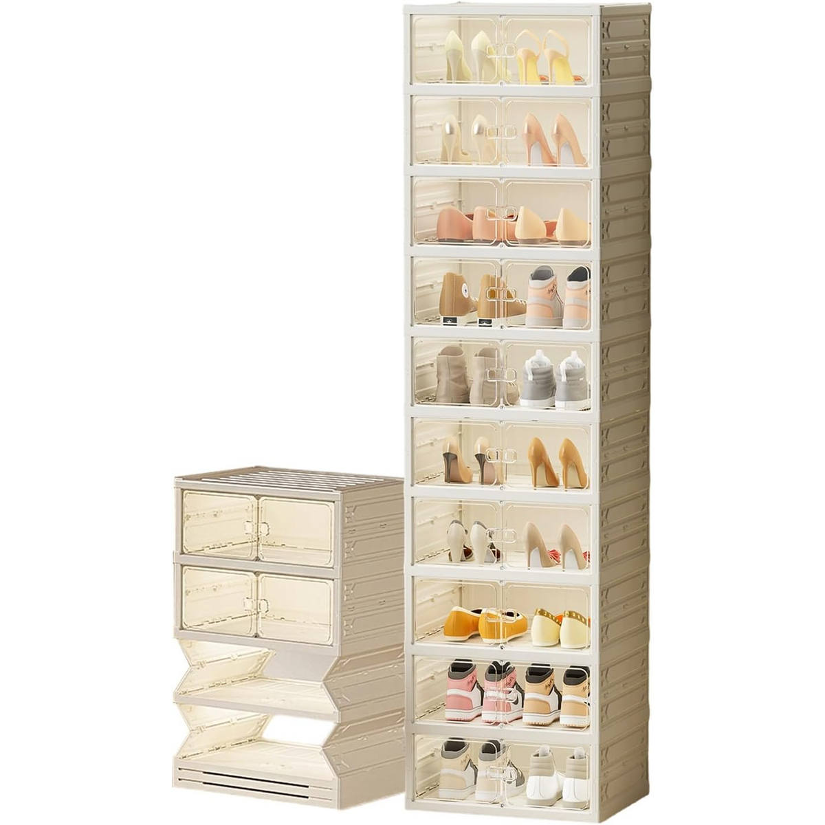Garvee Zapatero Plegable con Puertas Transparentes, Organizador de Zapatos Sin Montaje para Dormitorio, Armario de Plástico Apilable de 10 Niveles