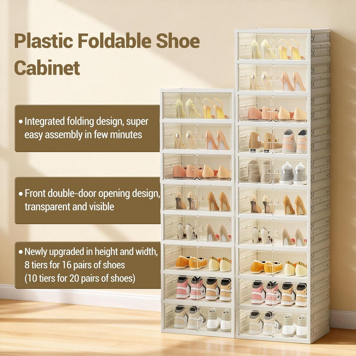 Garvee Zapatero Plegable con Puertas Transparentes, Organizador de Zapatos Sin Montaje para Dormitorio, Armario de Plástico Apilable de 10 Niveles