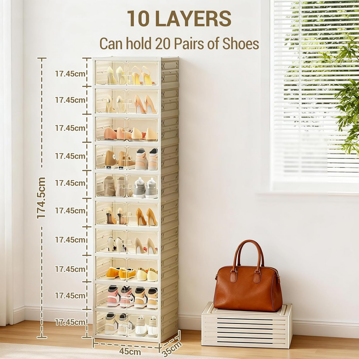 Garvee Zapatero Plegable con Puertas Transparentes, Organizador de Zapatos Sin Montaje para Dormitorio, Armario de Plástico Apilable de 10 Niveles