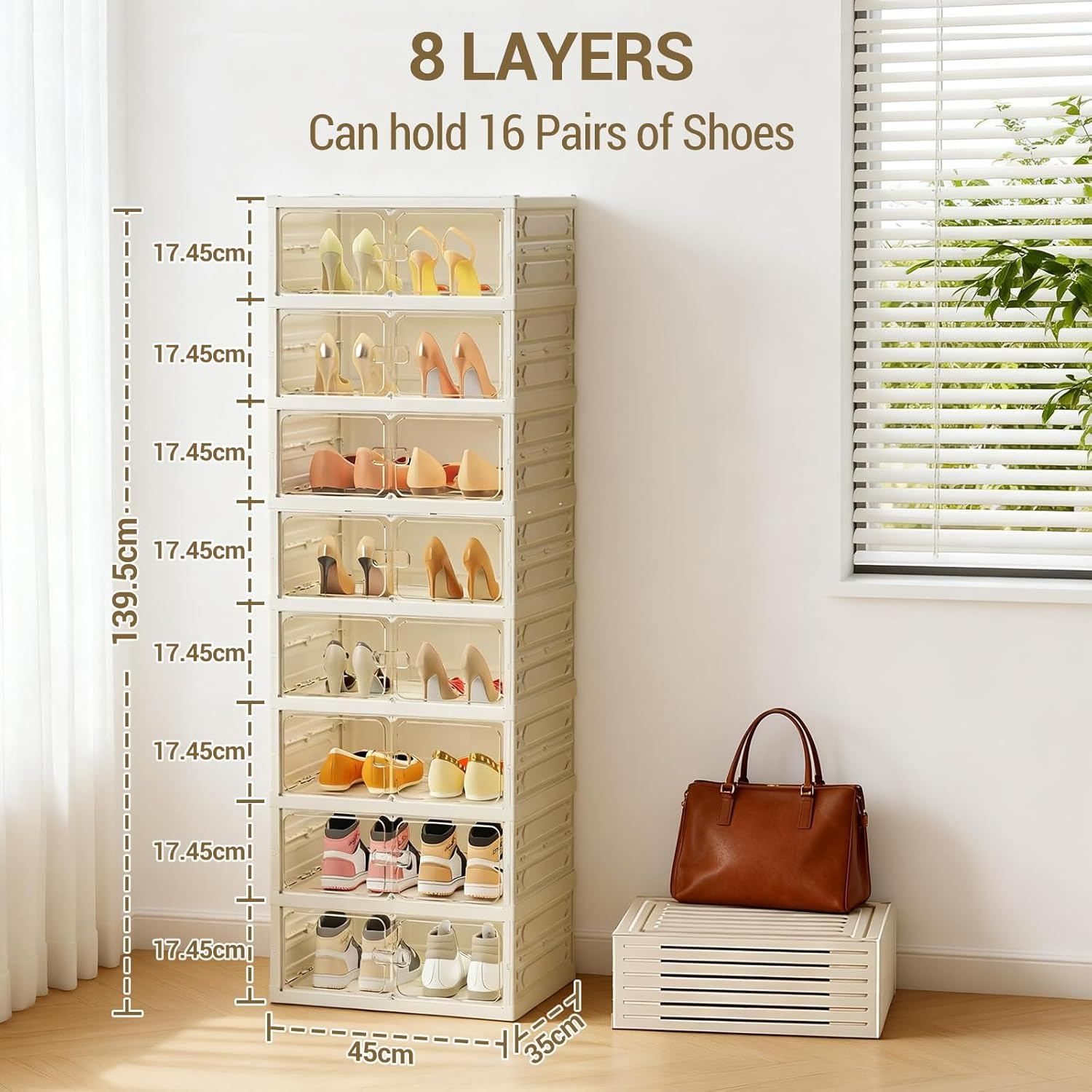 Garvee Zapatero Plegable 8 Niveles Con Puertas Magnéticas Para 16-18 Pares Transparente Con Ruedas Para Sala Y Dormitorio