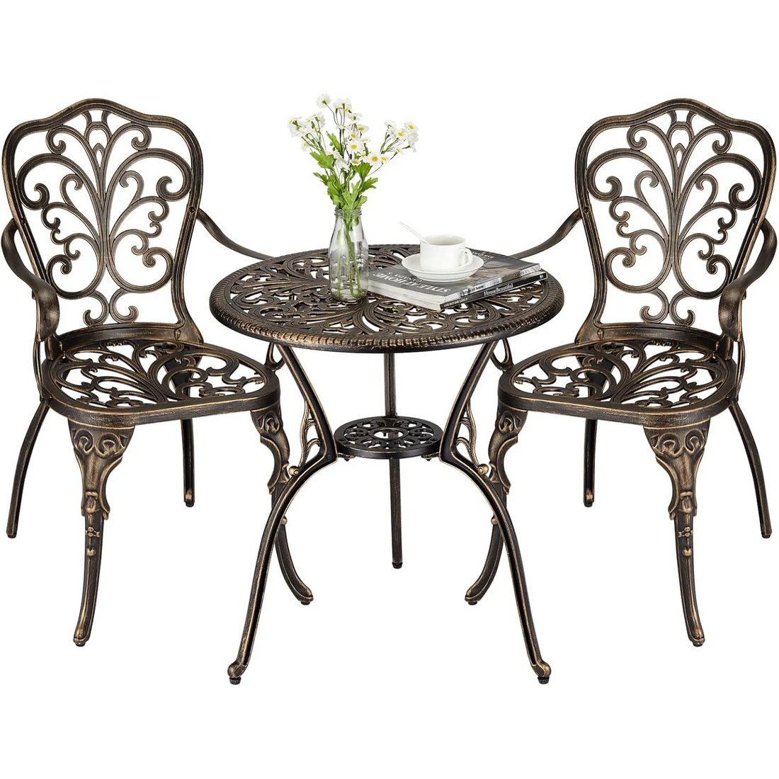 Garvee Conjunto de Terraza de Aluminio Fundido de 3 Piezas, Juego de Mesa y Sillas de Bistró Impermeable con Agujero para Sombrilla para Jardín, Balcón y Porche
