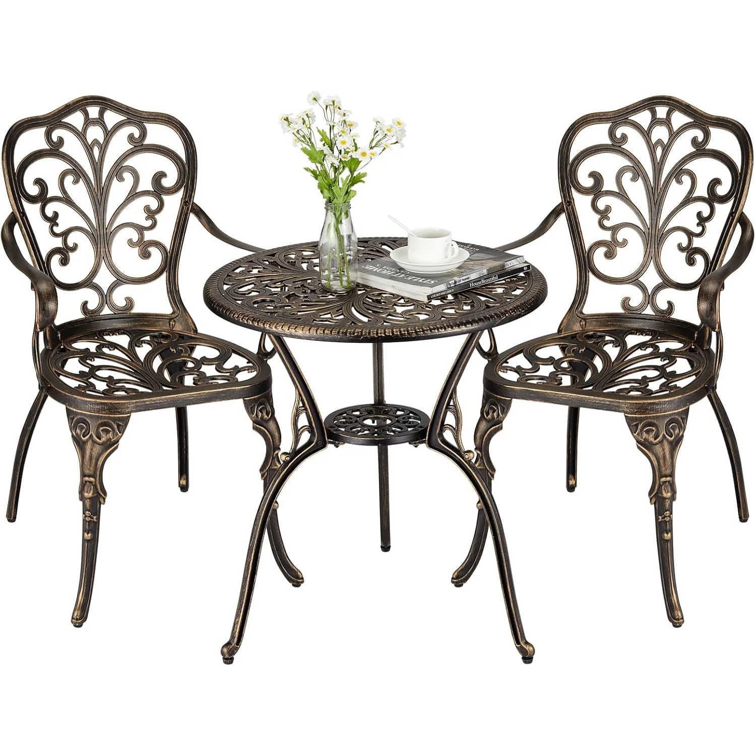 Garvee Conjunto de Terraza de Aluminio Fundido de 3 Piezas, Juego de Mesa y Sillas de Bistró Impermeable con Agujero para Sombrilla para Jardín, Balcón y Porche