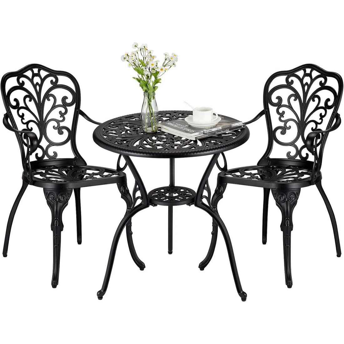 Garvee Conjunto de Terraza de Aluminio Fundido de 3 Piezas, Juego de Mesa y Sillas de Bistró Impermeable con Agujero para Sombrilla para Jardín y Balcón