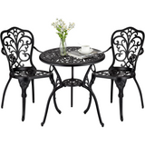 Garvee Conjunto de Terraza de Aluminio Fundido de 3 Piezas, Juego de Mesa y Sillas de Bistró Impermeable con Agujero para Sombrilla para Jardín y Balcón - Negro