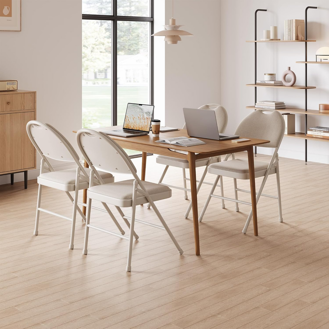Garvee Pack de 4 Sillas Plegables de Lino con Respaldo Alto, Silla Ergonómica Acolchada para Reuniones de Empresa, Eventos Familiares y Bodas, Beige
